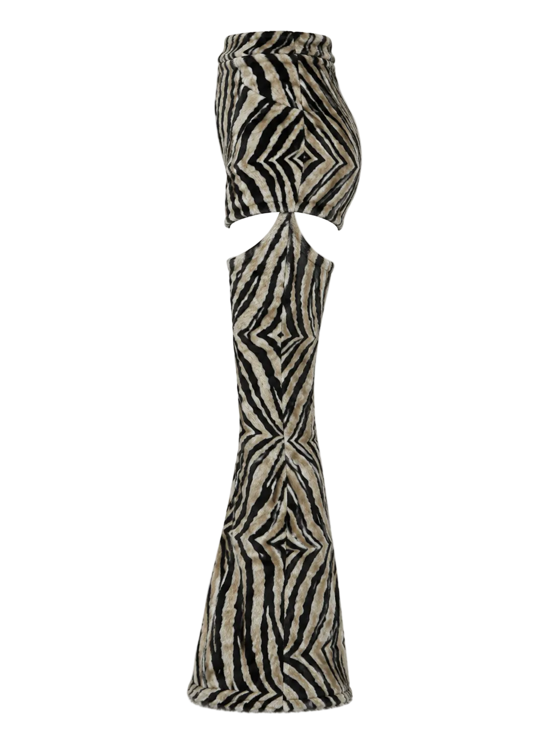 A high-waisted, floor-length flared skirt featuring a bold black and beige geometric zebra-stripe pattern with a central cutout at the hips, shown against a plain light gray background.