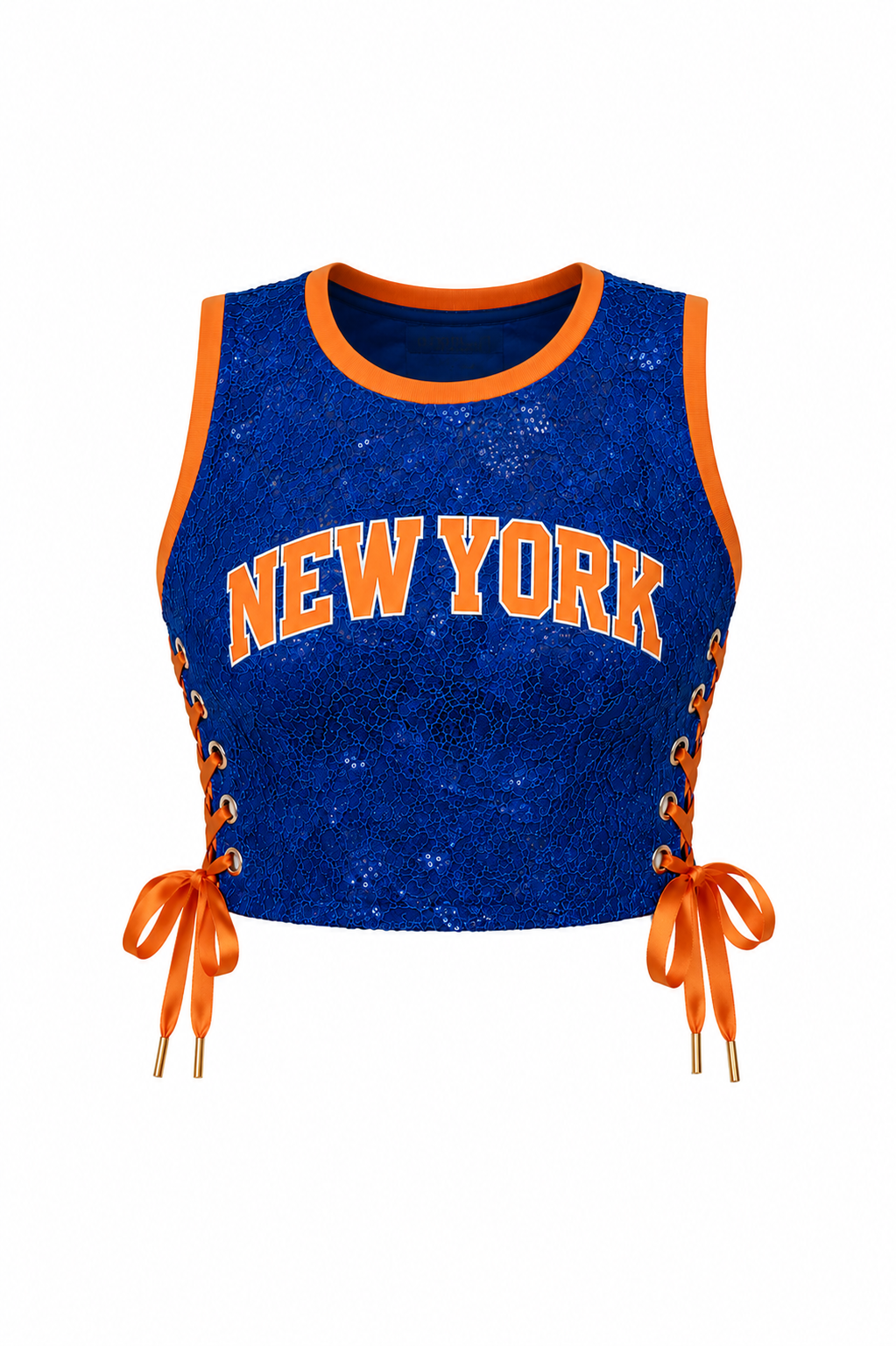 A blue sequined crop top with orange trim, featuring 'NEW YORK' printed in orange across the chest and orange side laces tied at the waist, shown on a plain white background.