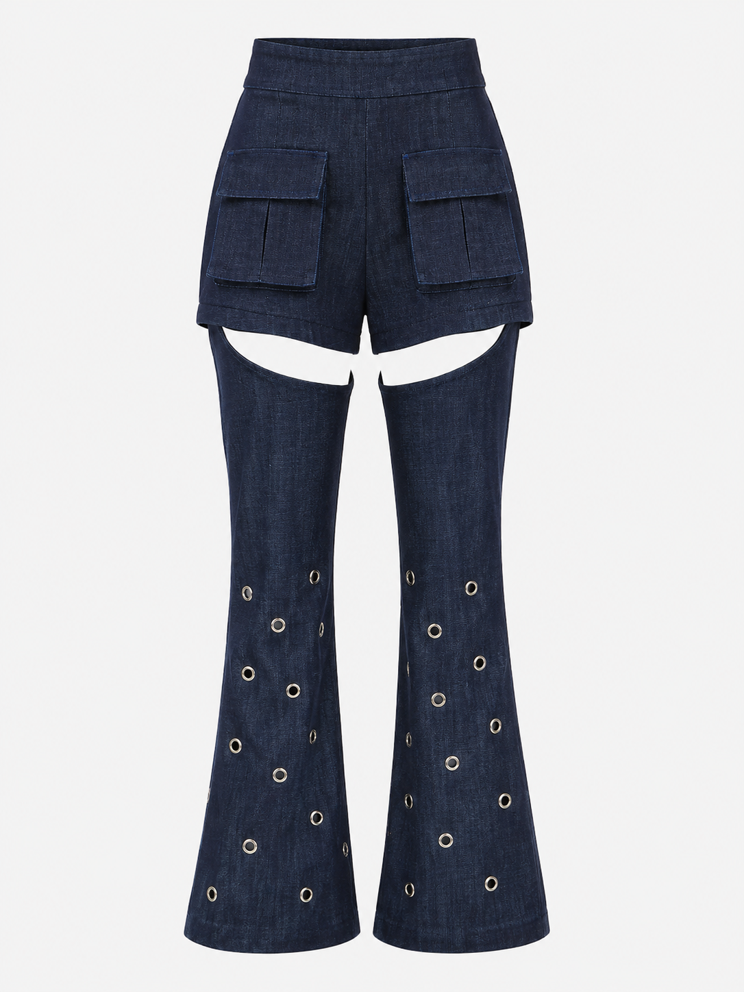A pair of dark blue denim flared pants with front flap pockets at the waist and circular metal grommet details down the legs, shown against a plain light gray background.