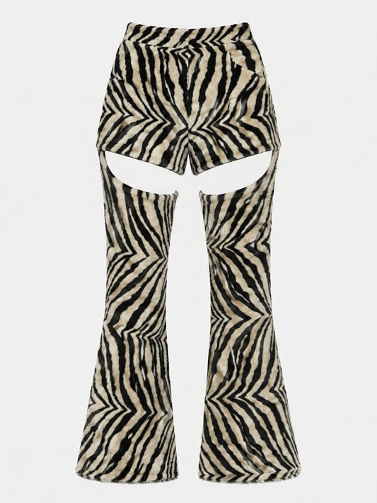 Zebra-print flared pants with large cutout details at the upper thighs, shown against a plain light gray background.