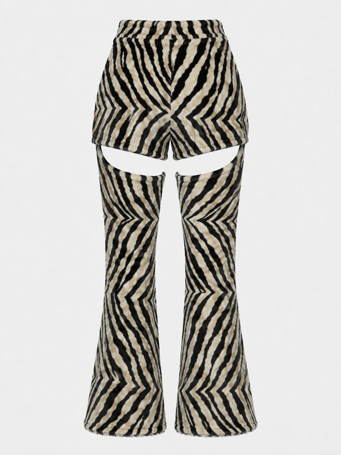 Zebra-print flared pants with a high-waisted design and large leg cutouts, shown against a plain light gray background.