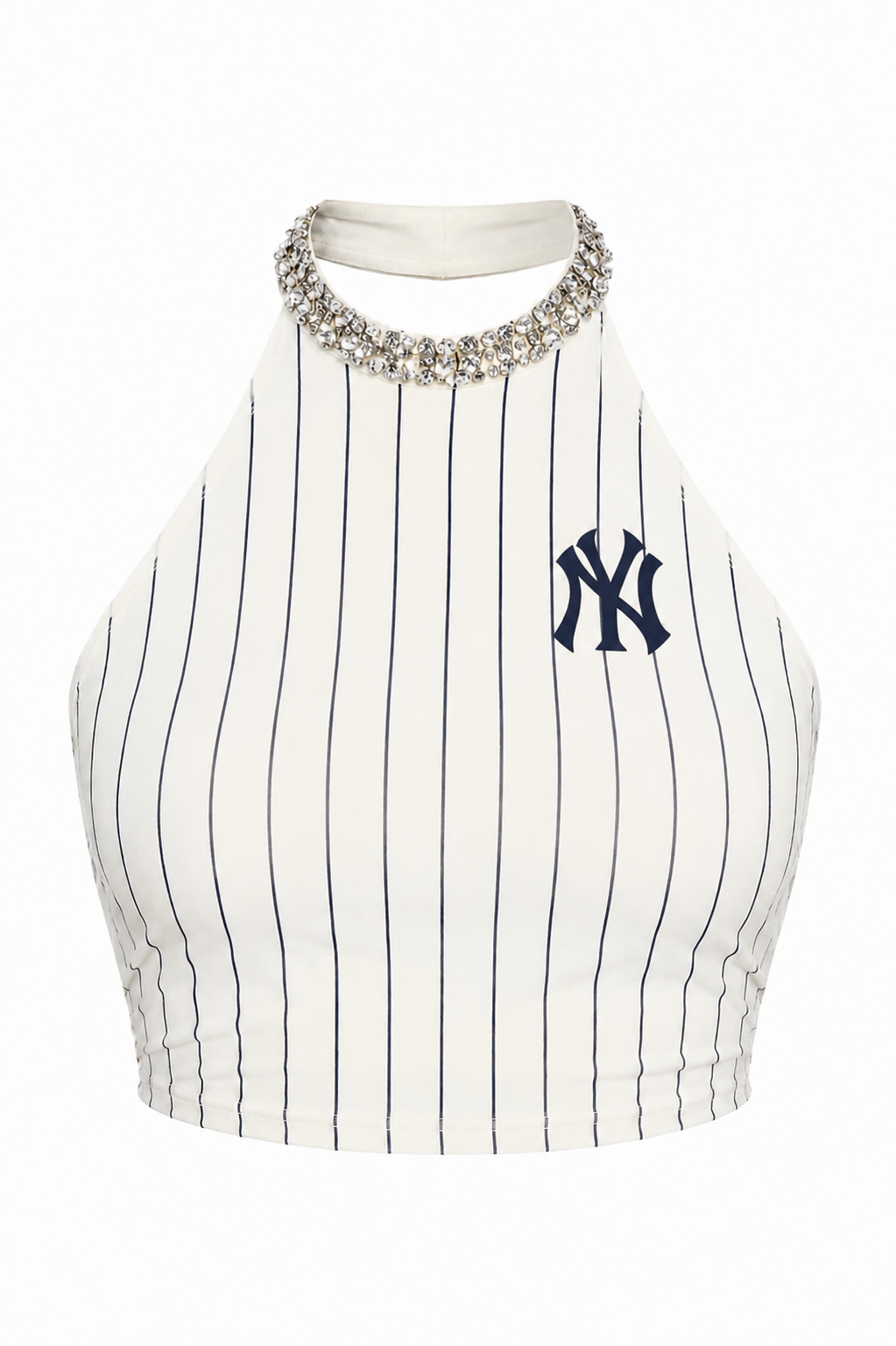 A white halter crop top with navy blue pinstripes, featuring a navy blue New York Yankees logo on the left chest and a sparkling rhinestone embellished collar.