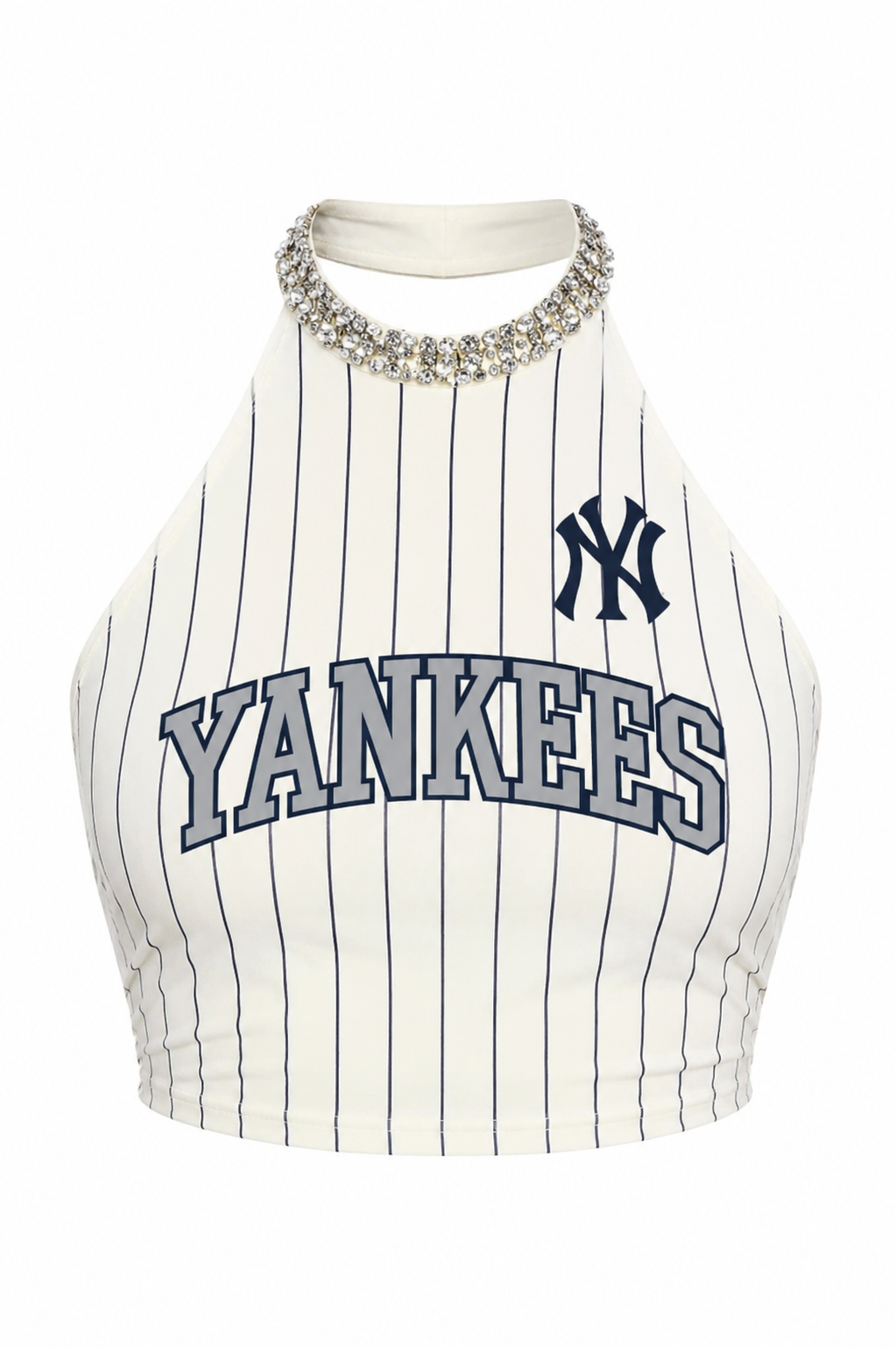 A white halter crop top with navy blue pinstripes, featuring a navy blue New York Yankees logo on the chest and a rhinestone-embellished collar, shown on a plain white background.
